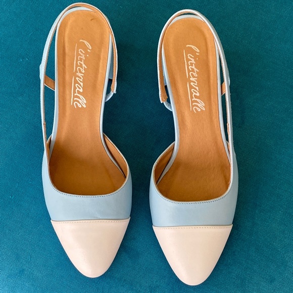 L’Intervalle Robin’s Egg Blue & White Leather Slingback Shoes size 38 - Picture 4 of 7
